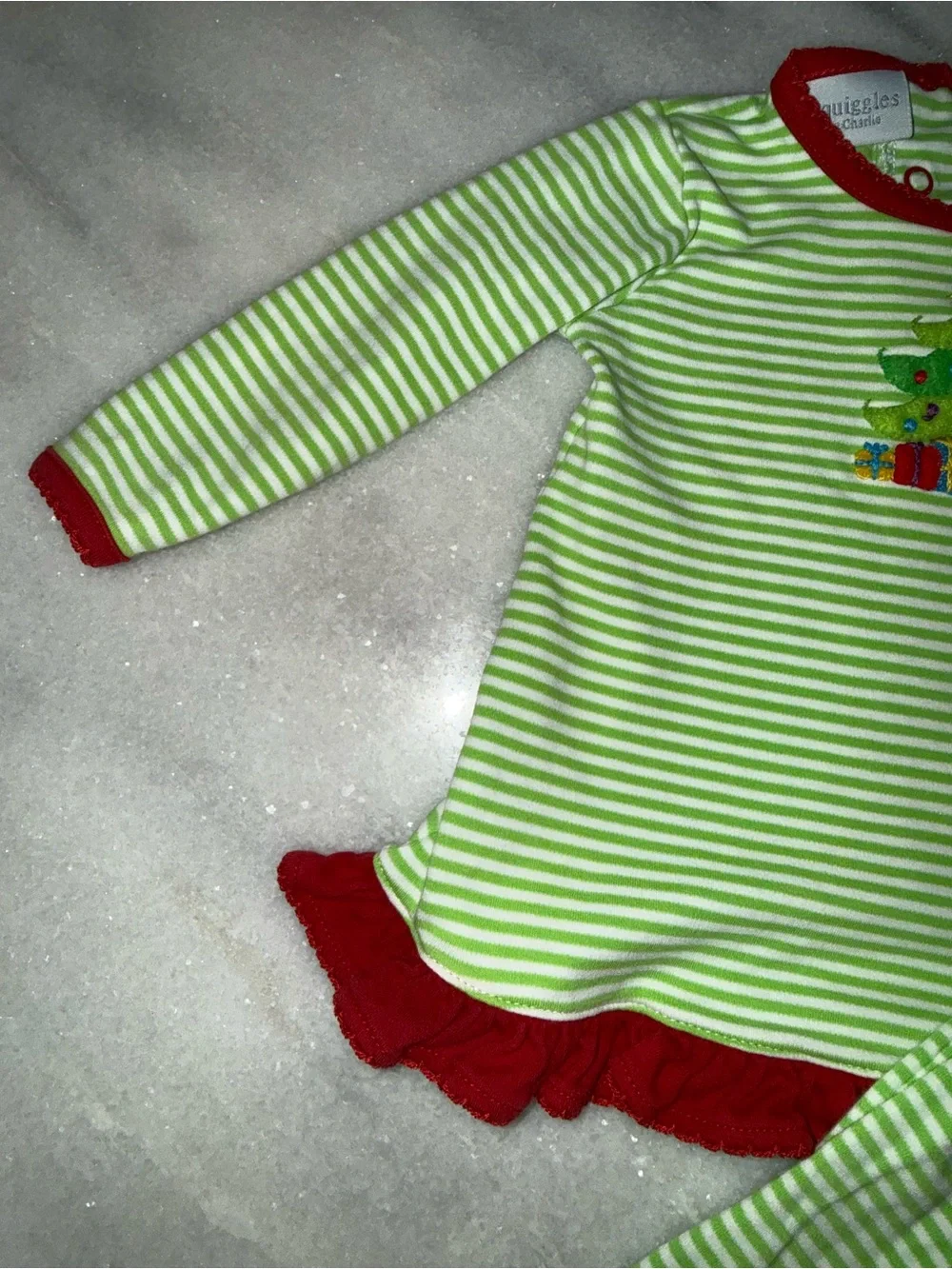 Squiggles by Charlie Green Stripe Christmas Tree Set with Red Trim Cotton 6-9m